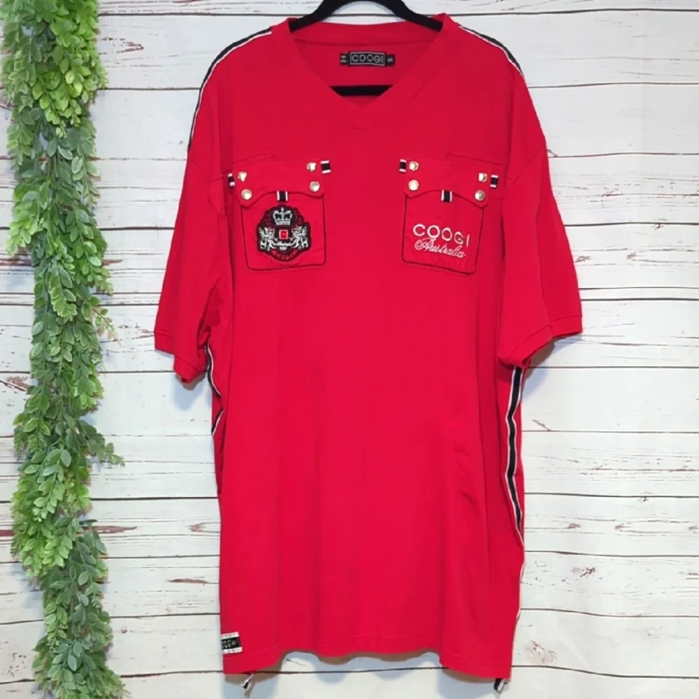 Coogi Australia T-Shirt V-Neck Y2K Pockets Patch Embroidery Men's 5XL Streetwear